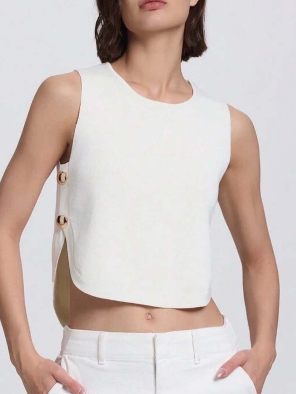 Zara White Sleeveless Crop Top with Gold Side Buttons